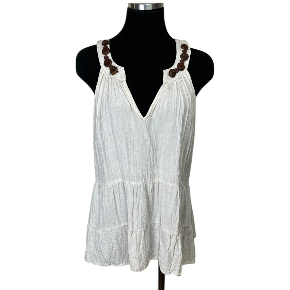 CATO Sleeveless Top Women's XL Linen Blend Tiered Boho Minimalist‎ Wood Buttons